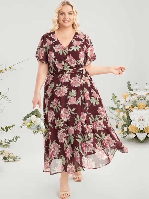 Floral Print Belted Surplice Neck Flutter Pocket Maxi Dress sold by Bloomchic