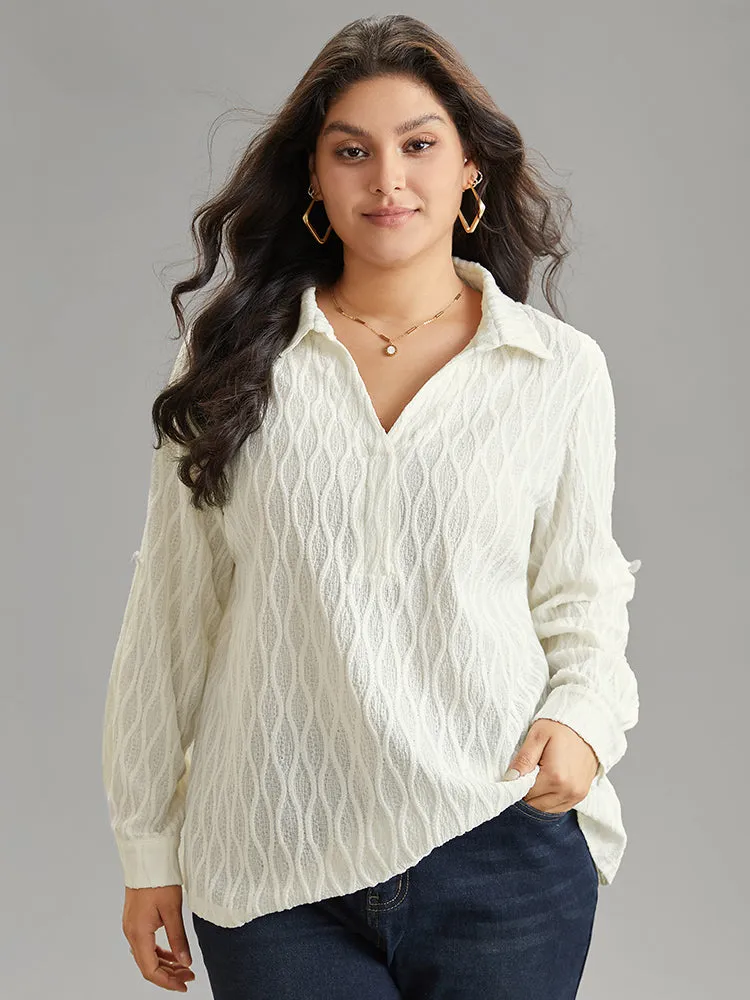 Plain Shirt Collar Tab Sleeve Jacquard Blouse sold by Bloomchic
