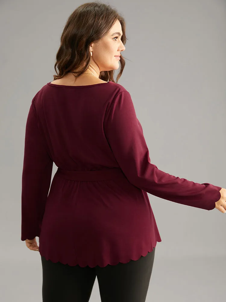 Solid Scalloped Trim Elastic Waist Belted Blouse sold by Bloomchic product image thumbnail 2