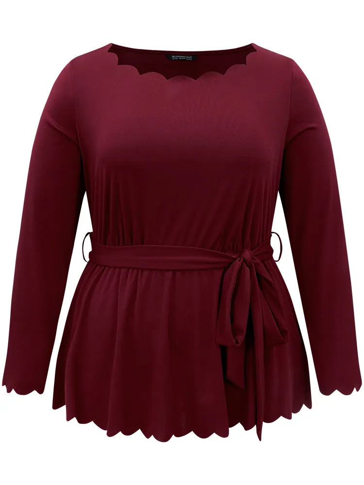 Solid Scalloped Trim Elastic Waist Belted Blouse sold by Bloomchic product image thumbnail 5