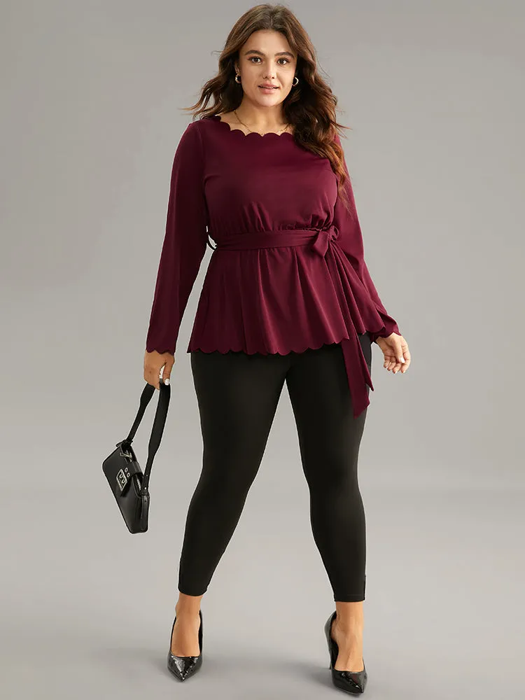 Solid Scalloped Trim Elastic Waist Belted Blouse sold by Bloomchic product image thumbnail 3