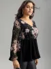 Floral Print Patchwork Elastic Waist Lantern Sleeve Blouse sold by Bloomchic