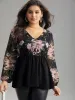 Floral Print Patchwork Elastic Waist Lantern Sleeve Blouse sold by Bloomchic