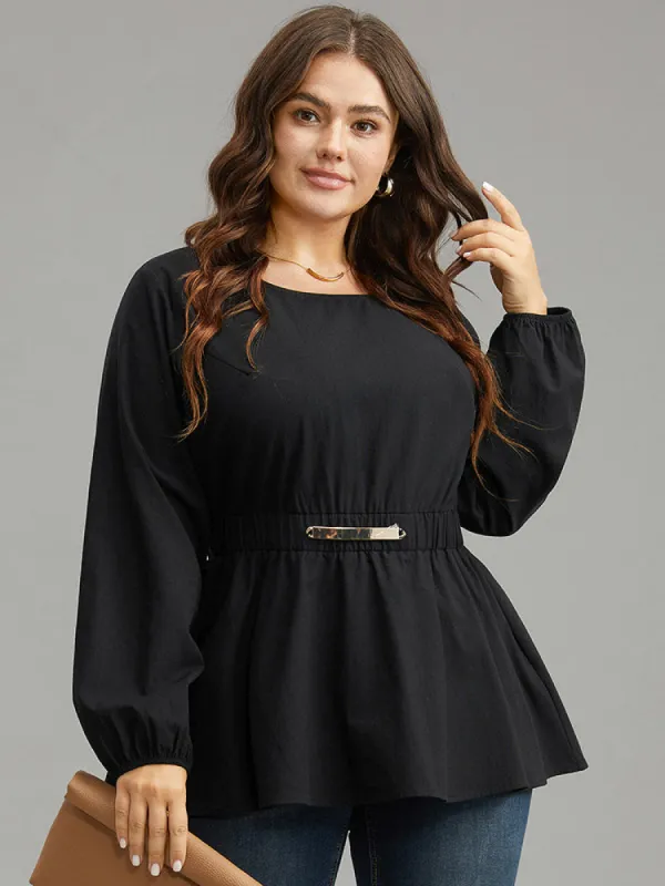 Cotton Solid Metal Detail Lantern Sleeve Blouse sold by Bloomchic