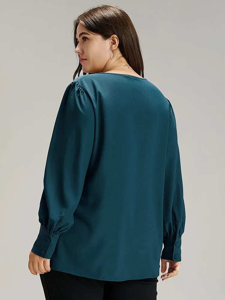 Anti-Wrinkle Solid Pleated Puff Sleeve Button Up Blouse sold by Bloomchic product image thumbnail 2