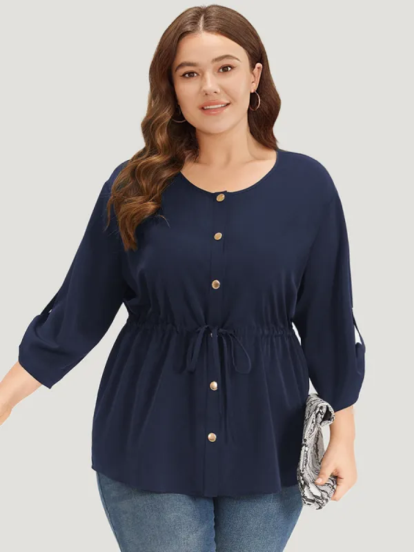 Plain Button Up Drawstring Tab Sleeve Blouse sold by Bloomchic