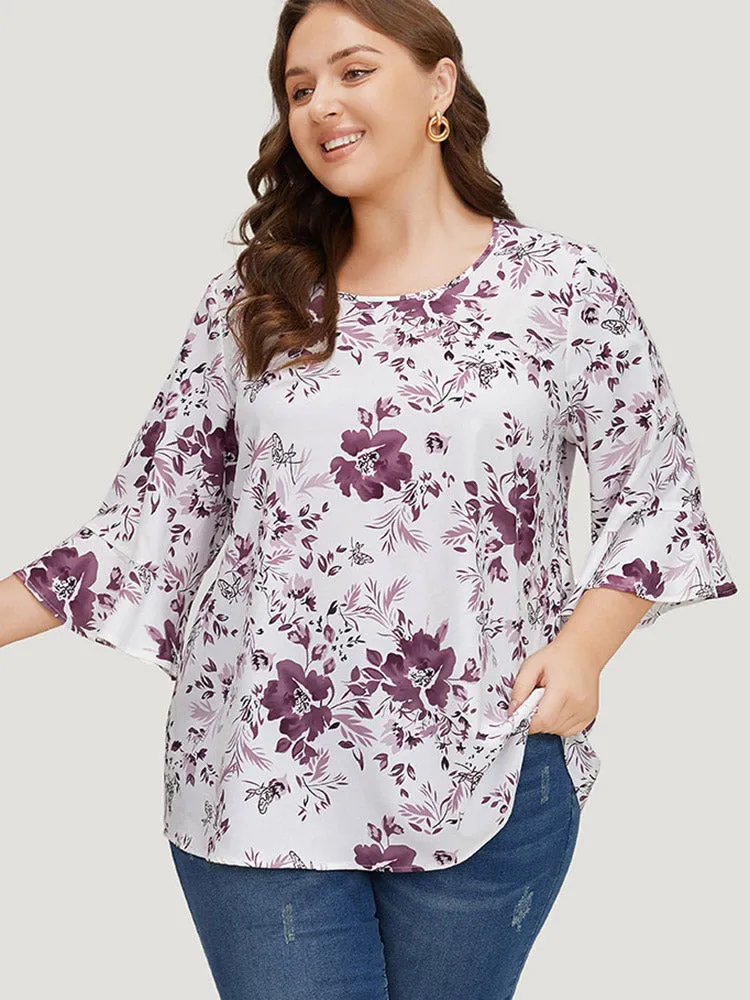 Floral Print Bell Sleeve Crew Neck Blouse sold by Bloomchic