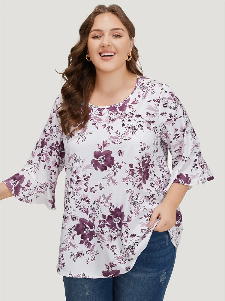 Floral Print Bell Sleeve Crew Neck Blouse sold by Bloomchic product image thumbnail 2