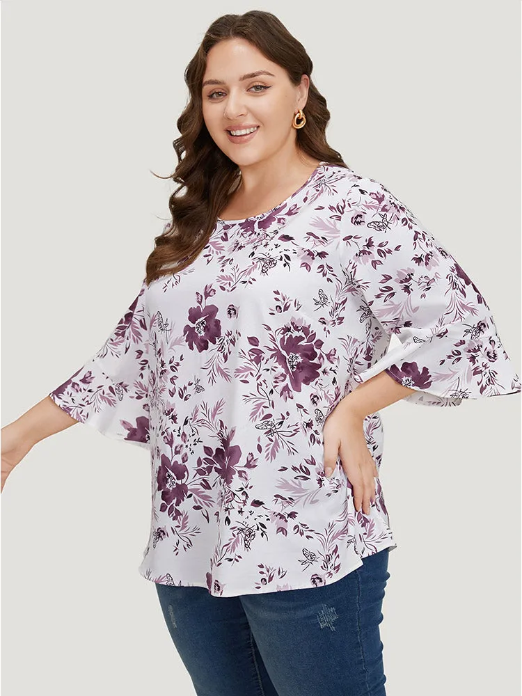 Floral Print Bell Sleeve Crew Neck Blouse sold by Bloomchic product image thumbnail 3
