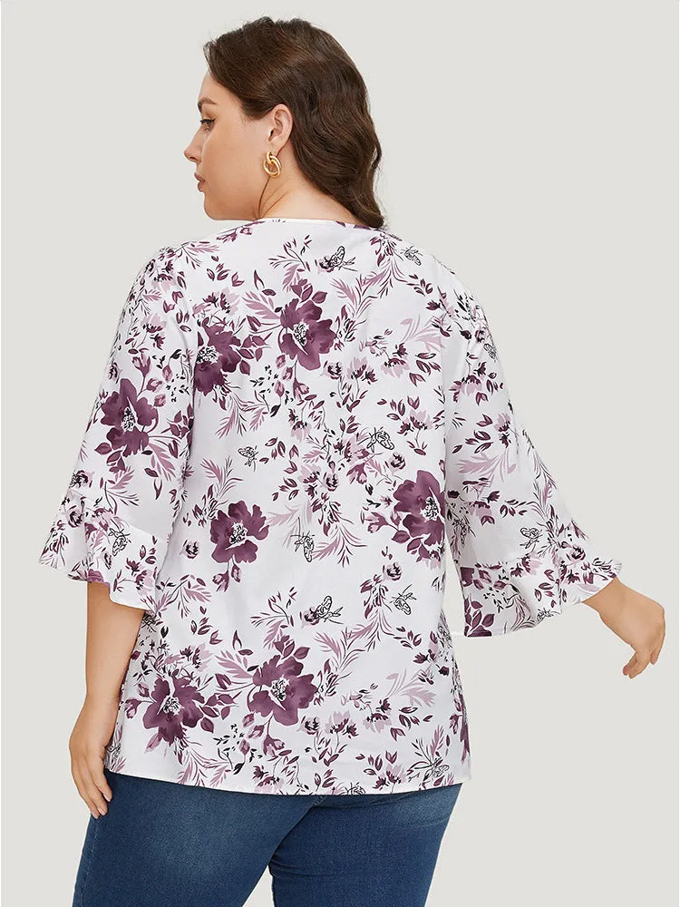 Floral Print Bell Sleeve Crew Neck Blouse sold by Bloomchic product image thumbnail 4