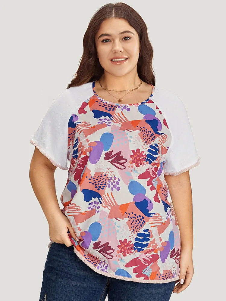 Graffiti Print Raw Hem Patchwork Raglan Sleeve Blouse sold by Bloomchic