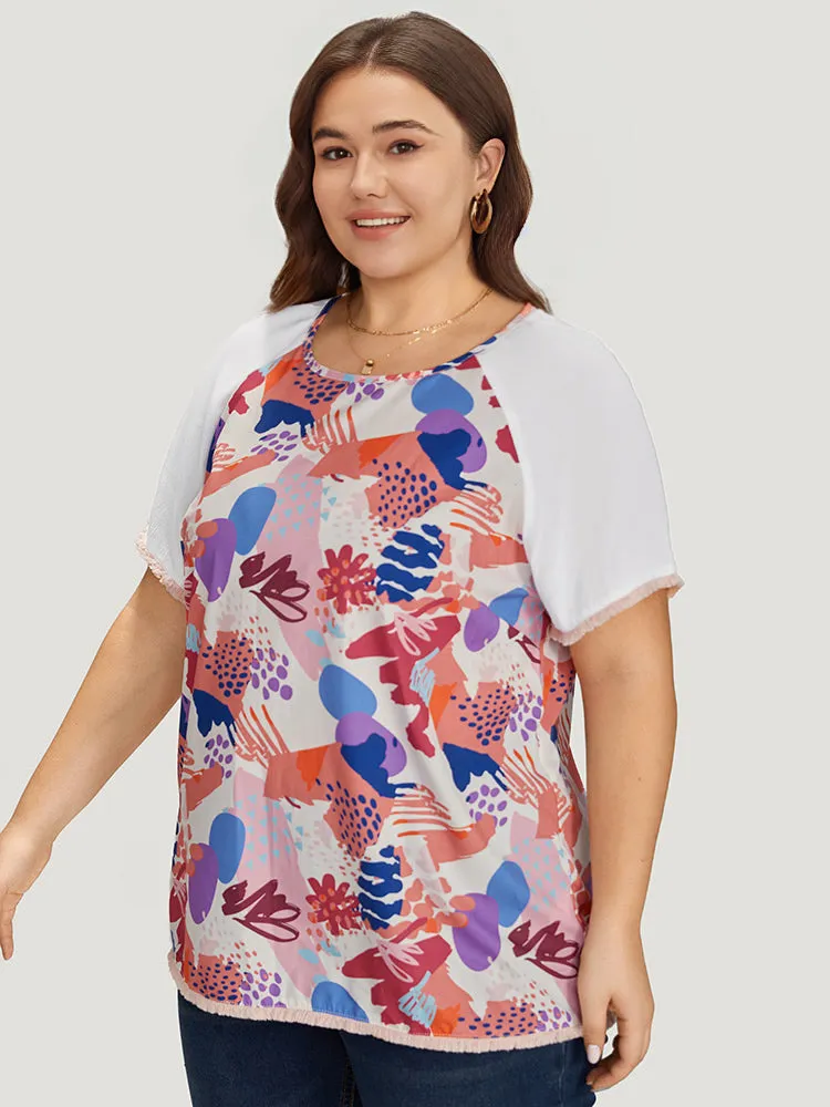 Graffiti Print Raw Hem Patchwork Raglan Sleeve Blouse sold by Bloomchic product image thumbnail 3