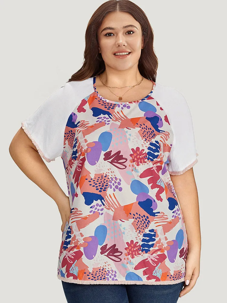 Graffiti Print Raw Hem Patchwork Raglan Sleeve Blouse sold by Bloomchic product image thumbnail 2