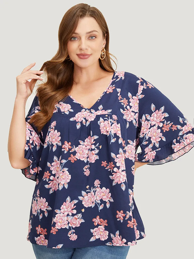 Floral Printed Gathered Ruffle Sleeve Blouse sold by Bloomchic