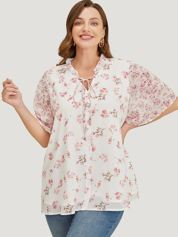 Ditsy Floral Patchwork Frill Trim Tie Neck Blouse sold by Bloomchic product image thumbnail 2