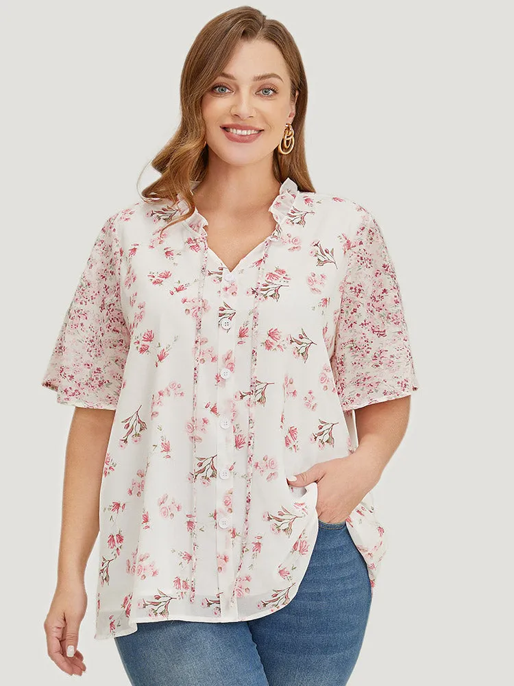 Ditsy Floral Patchwork Frill Trim Tie Neck Blouse sold by Bloomchic