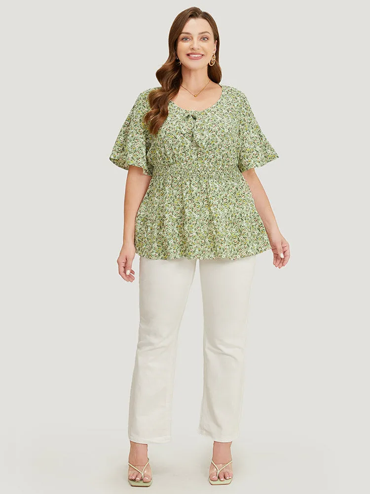 Ditsy Floral Knotted Crew Neck Shirred Ruffle Sleeve Blouse sold by Bloomchic product image thumbnail 5