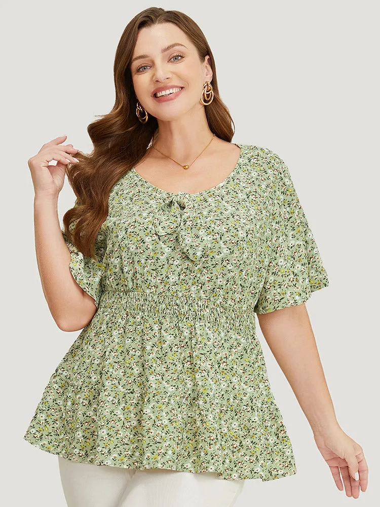 Ditsy Floral Knotted Crew Neck Shirred Ruffle Sleeve Blouse sold by Bloomchic