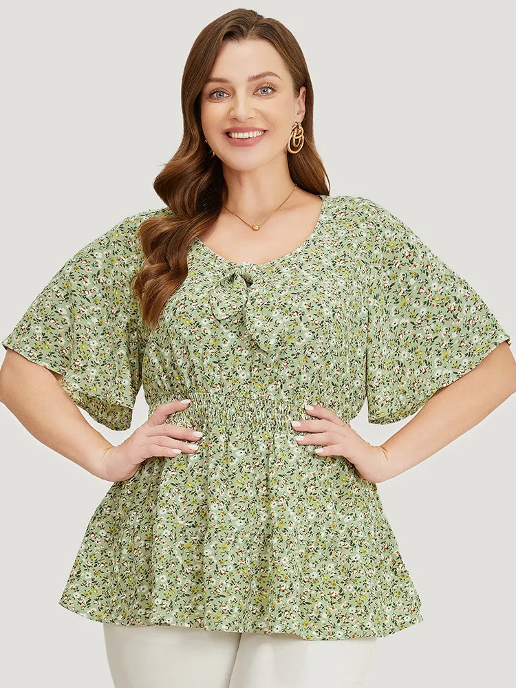 Ditsy Floral Knotted Crew Neck Shirred Ruffle Sleeve Blouse sold by Bloomchic product image thumbnail 4