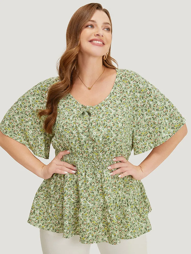 Ditsy Floral Knotted Crew Neck Shirred Ruffle Sleeve Blouse sold by Bloomchic product image thumbnail 3