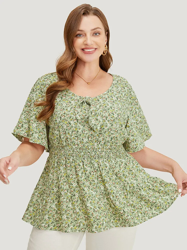 Ditsy Floral Knotted Crew Neck Shirred Ruffle Sleeve Blouse sold by Bloomchic product image thumbnail 2