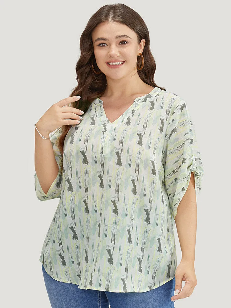 Brush Print Notched Neck Contrast Cuffed Sleeve Blouse sold by Bloomchic product image thumbnail 4