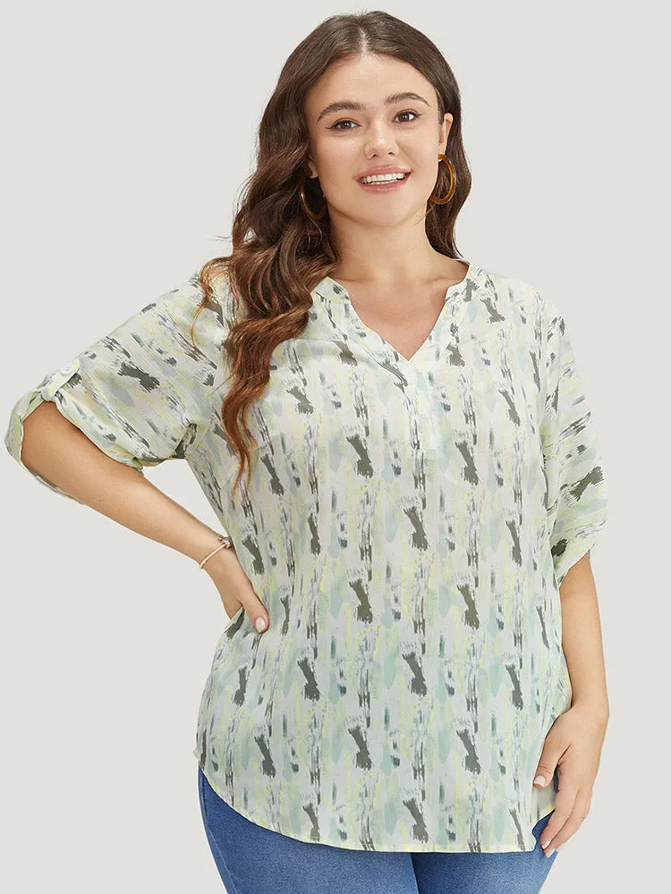 Brush Print Notched Neck Contrast Cuffed Sleeve Blouse sold by Bloomchic product image thumbnail 2