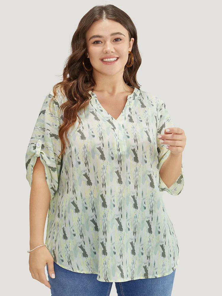 Brush Print Notched Neck Contrast Cuffed Sleeve Blouse sold by Bloomchic