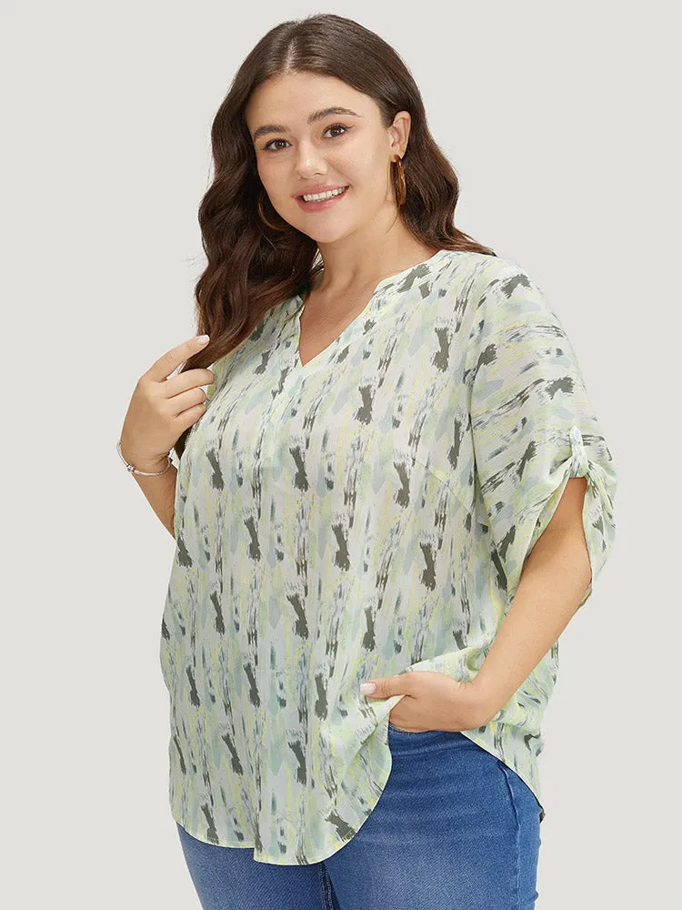 Brush Print Notched Neck Contrast Cuffed Sleeve Blouse sold by Bloomchic product image thumbnail 3