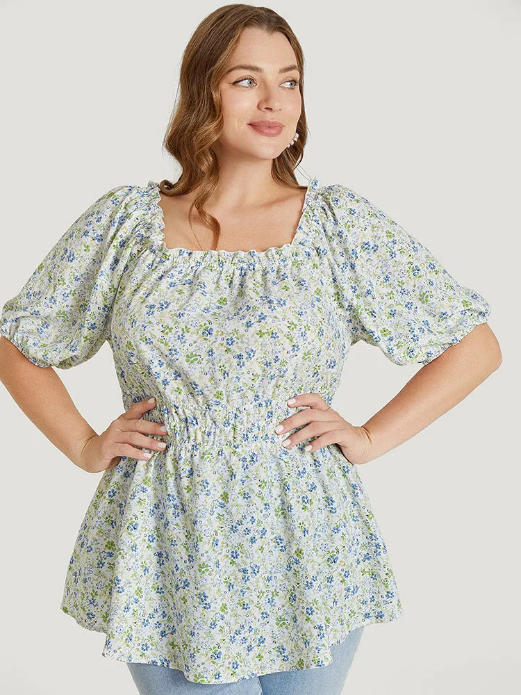 Ditsy Floral Puff Sleeve Frill Trim Elastic Waist Blouse sold by Bloomchic