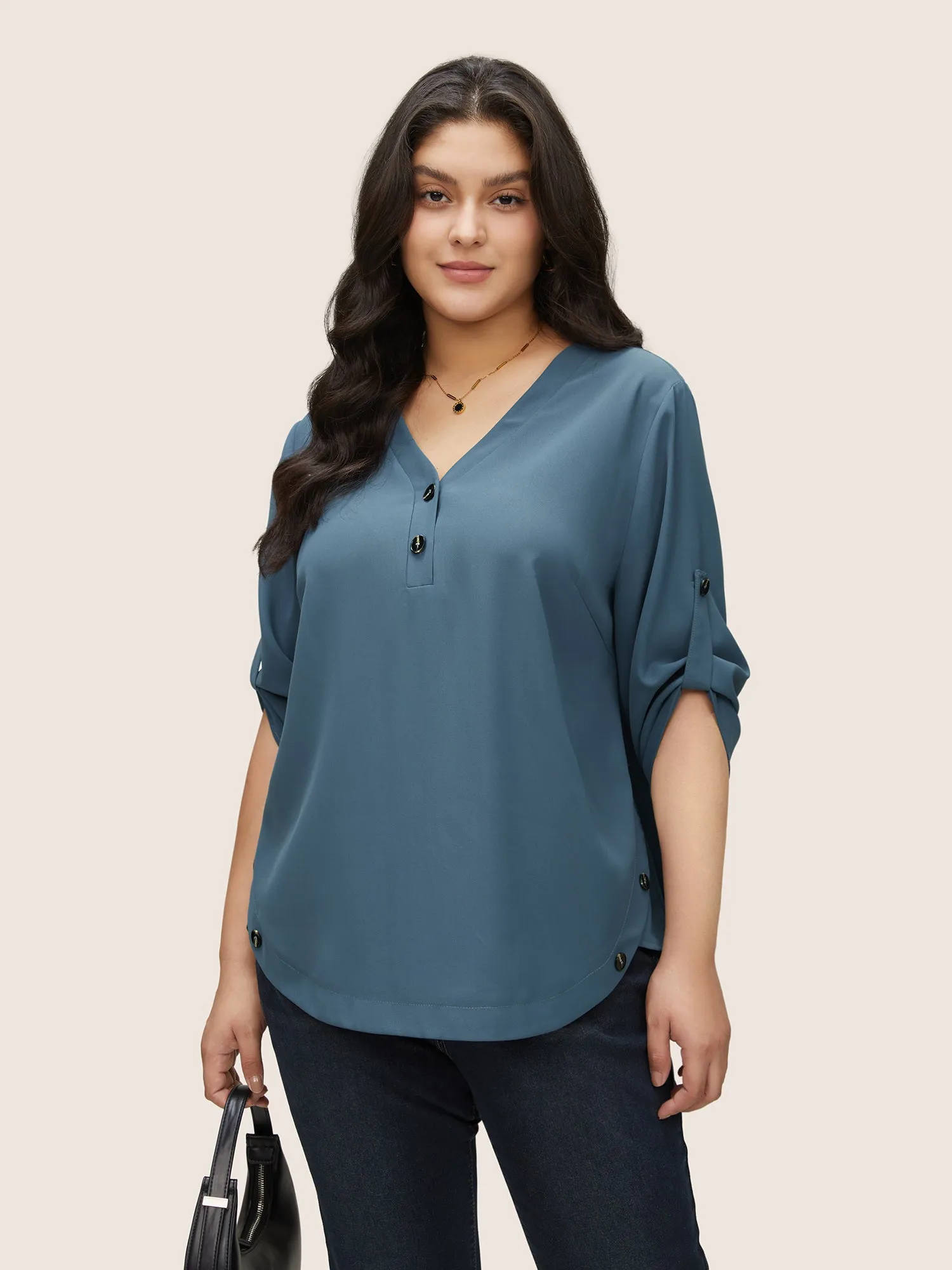 Anti-Wrinkle Button Detail Curved Hem Tab Sleeve Blouse sold by Bloomchic product image thumbnail 5