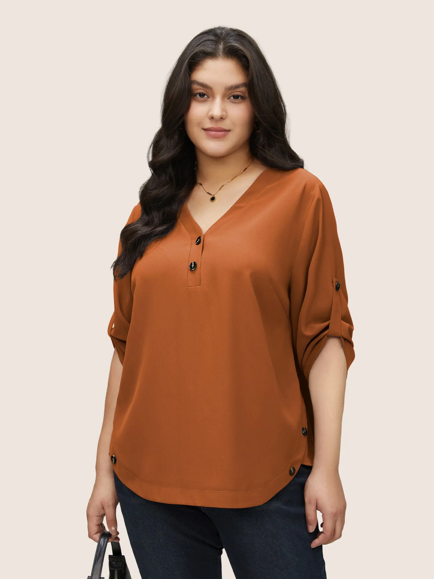 Anti-Wrinkle Button Detail Curved Hem Tab Sleeve Blouse sold by Bloomchic product image thumbnail 2