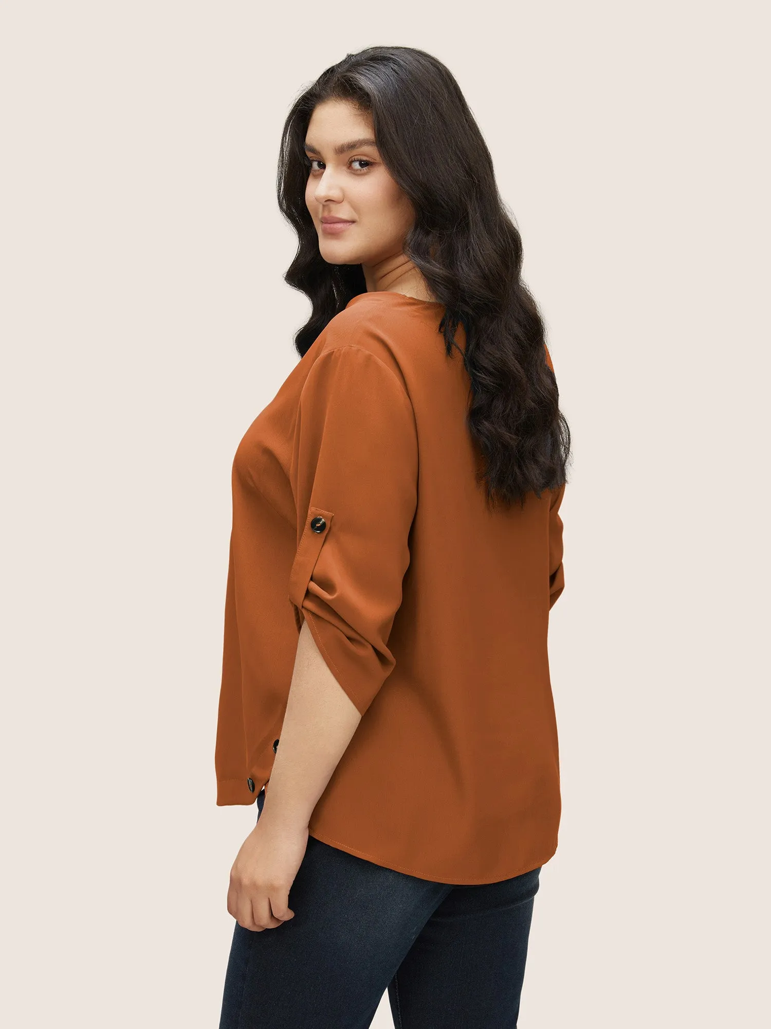 Anti-Wrinkle Button Detail Curved Hem Tab Sleeve Blouse sold by Bloomchic product image thumbnail 3