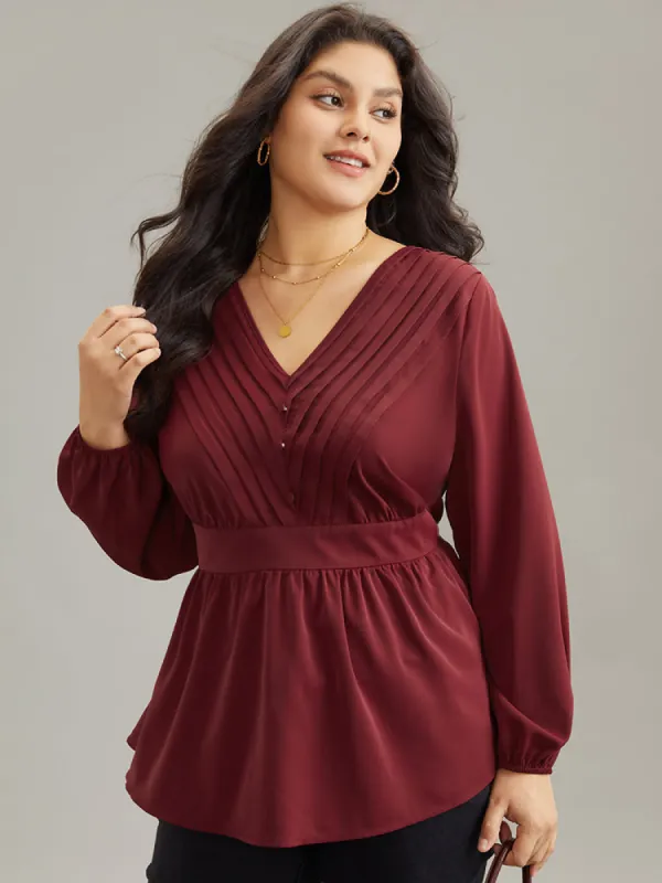 Static-Free Pleated Button Detail Lantern Sleeve Blouse sold by Bloomchic