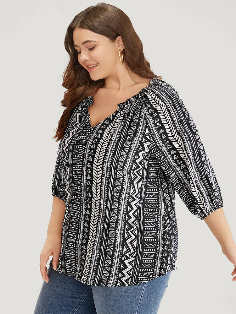 Boho Print Frill Trim Raglan Sleeve Elastic Cuffs Blouse sold by Bloomchic product image thumbnail 4