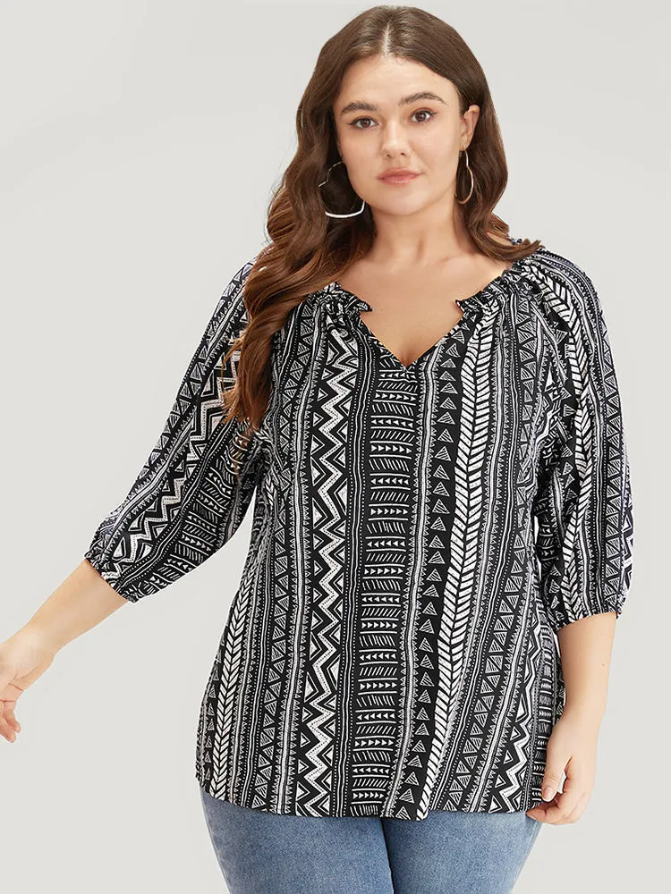 Boho Print Frill Trim Raglan Sleeve Elastic Cuffs Blouse sold by Bloomchic