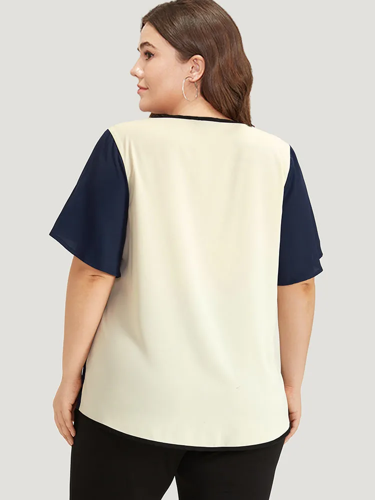 Contrast Patchwork V Neck Ruffle Sleeve Blouse sold by Bloomchic product image thumbnail 4