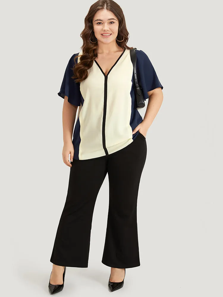 Contrast Patchwork V Neck Ruffle Sleeve Blouse sold by Bloomchic product image thumbnail 3