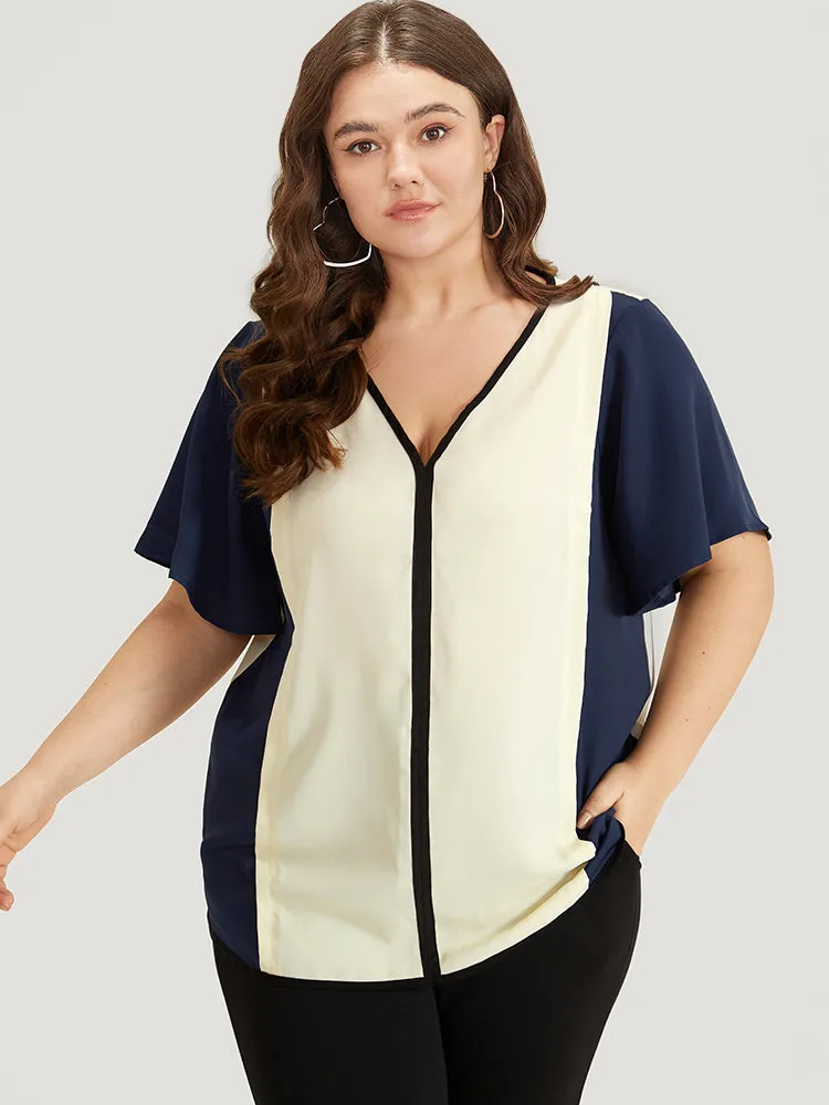 Contrast Patchwork V Neck Ruffle Sleeve Blouse sold by Bloomchic