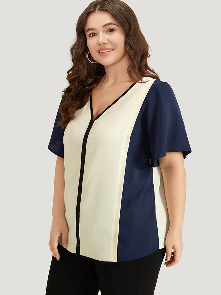 Contrast Patchwork V Neck Ruffle Sleeve Blouse sold by Bloomchic product image thumbnail 2
