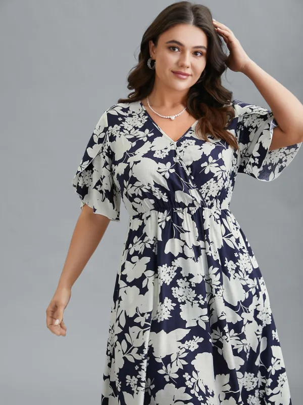 Floral Surplice Neck Petal Sleeve Midi Dress sold by Bloomchic