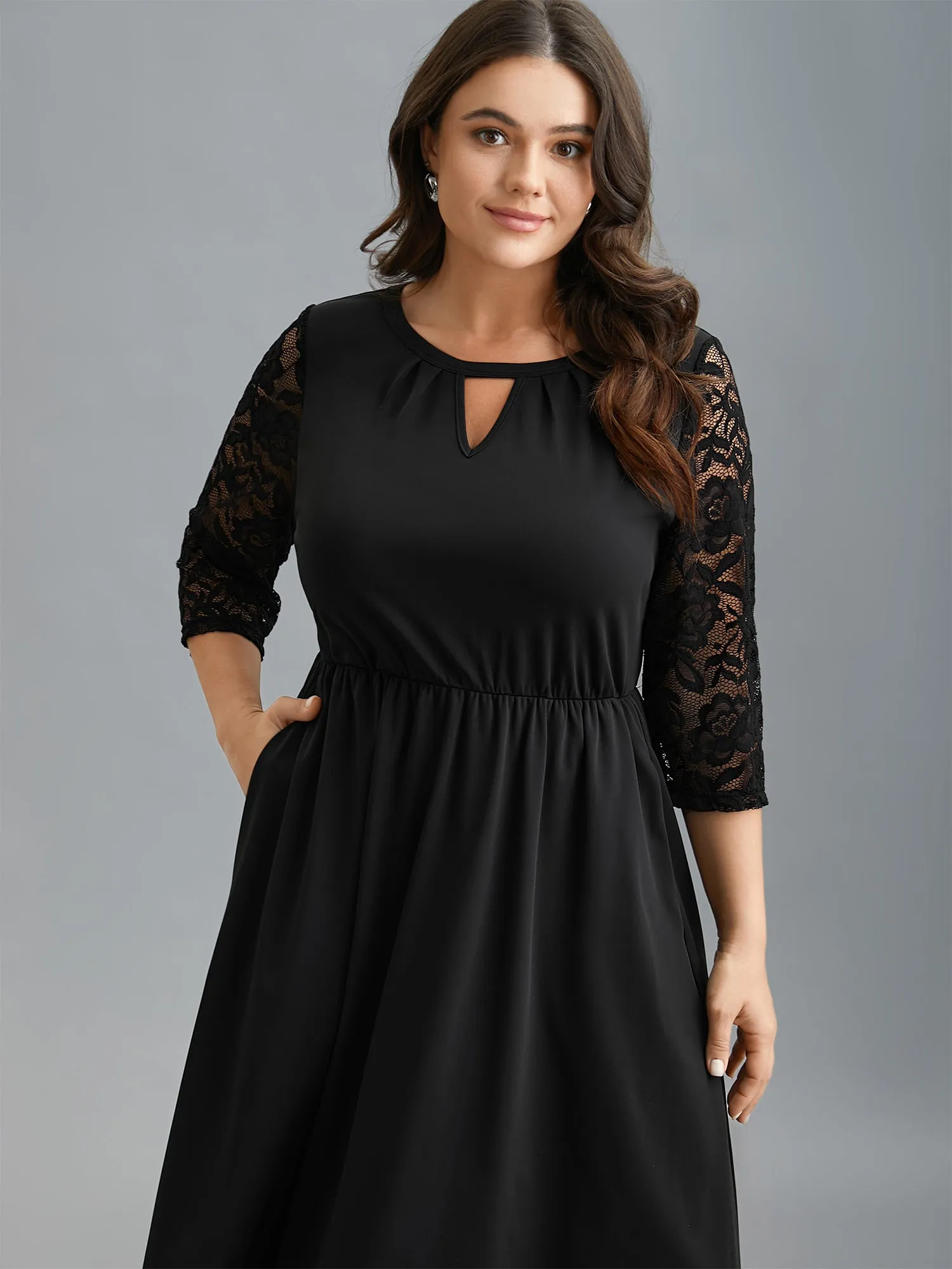 Neck Cut-Out Lace Stretchy-Waist Midi Dress sold by Bloomchic product image thumbnail 3
