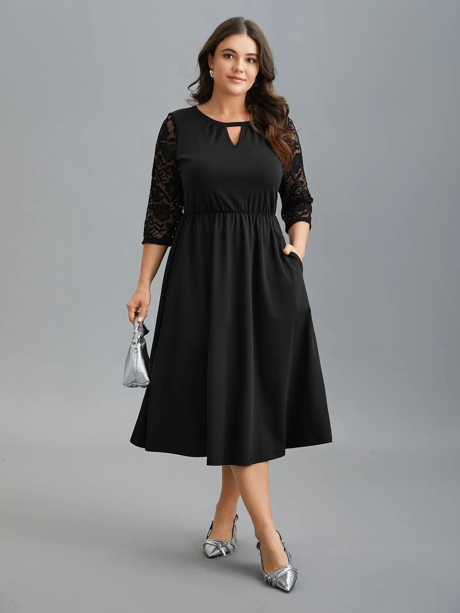 Neck Cut-Out Lace Stretchy-Waist Midi Dress sold by Bloomchic product image thumbnail 2