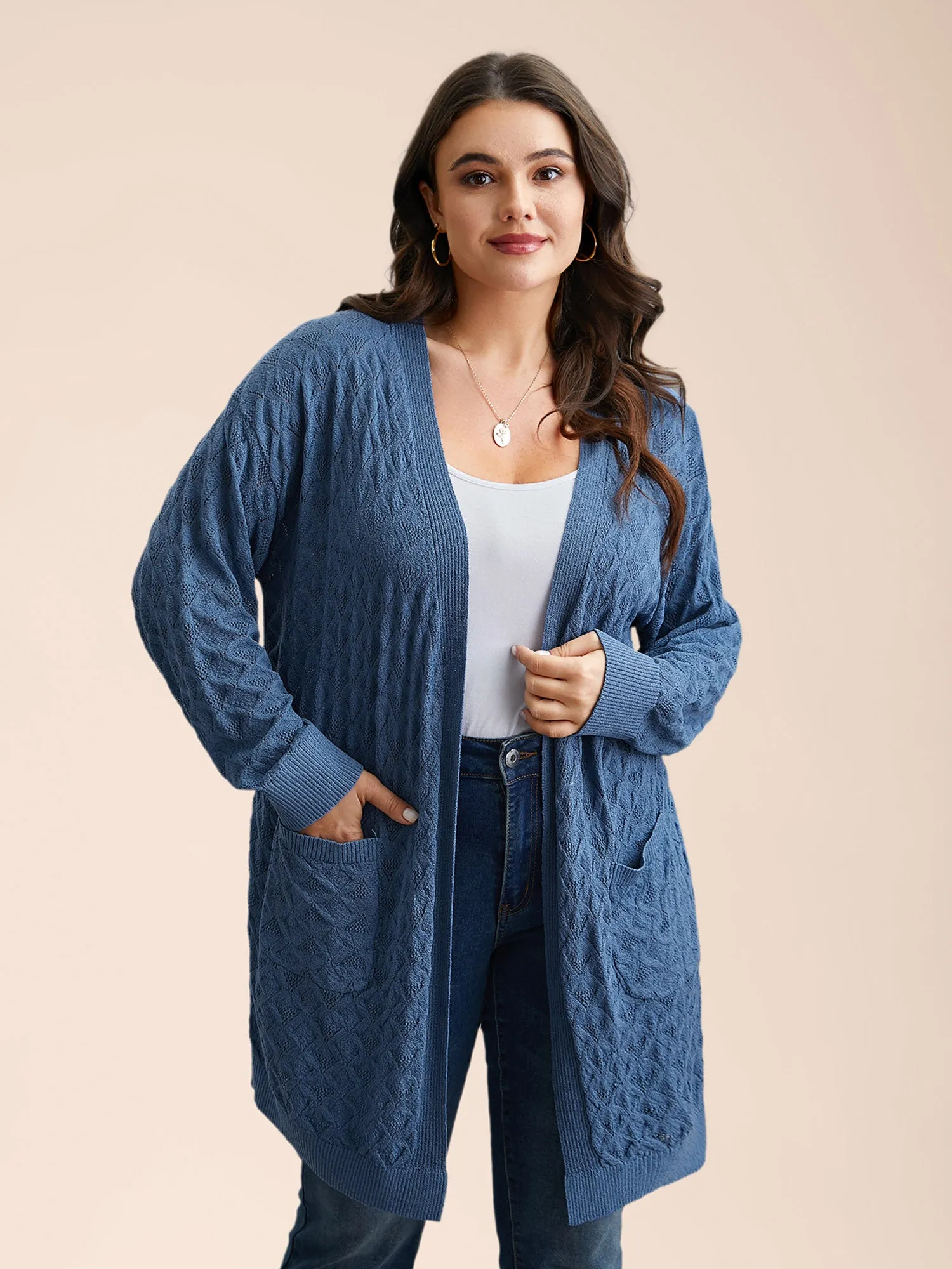 Textured Cut-Out Plain Open Front Cardigan sold by Bloomchic product image thumbnail 4