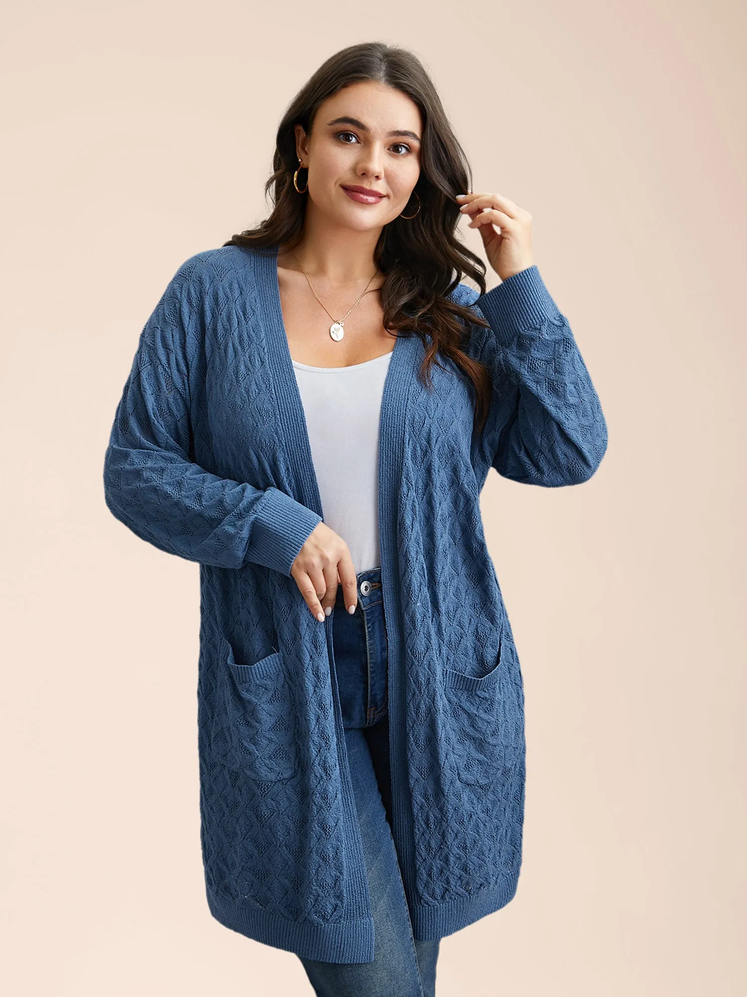 Textured Cut-Out Plain Open Front Cardigan sold by Bloomchic