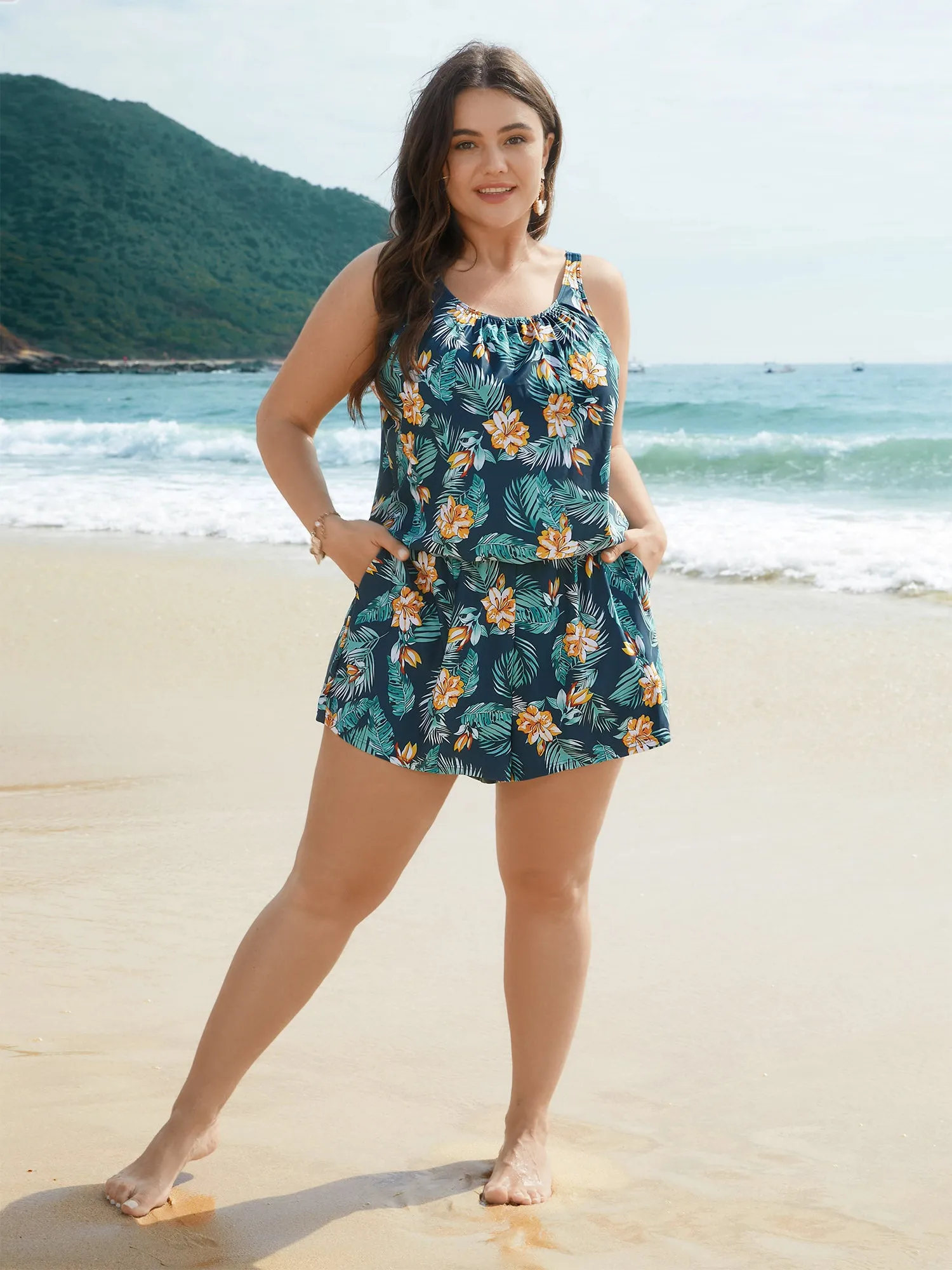 Tropical Flower Print Pockets One-Piece Swimsuit sold by Bloomchic product image thumbnail 4