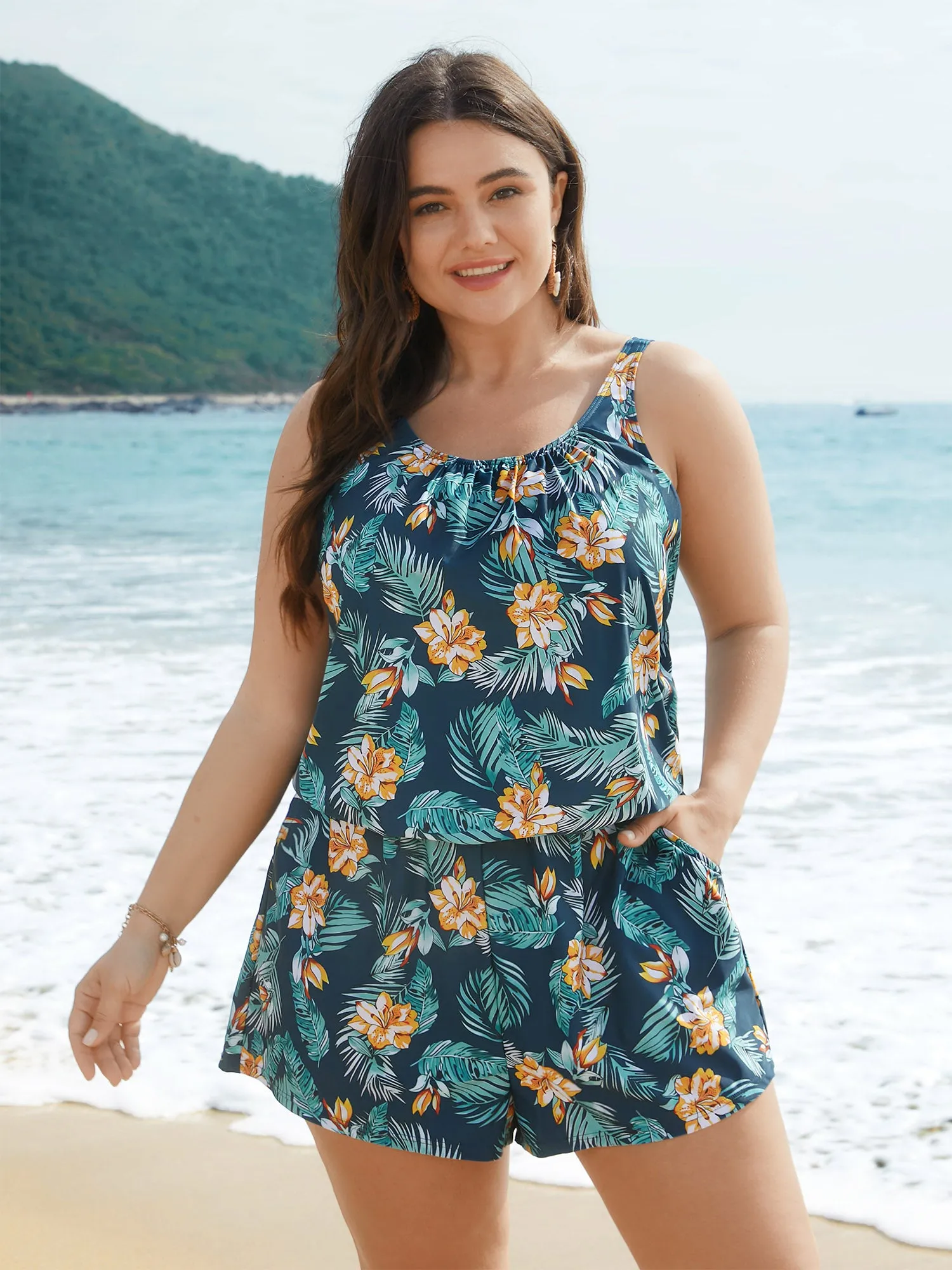 Tropical Flower Print Pockets One-Piece Swimsuit sold by Bloomchic product image thumbnail 3
