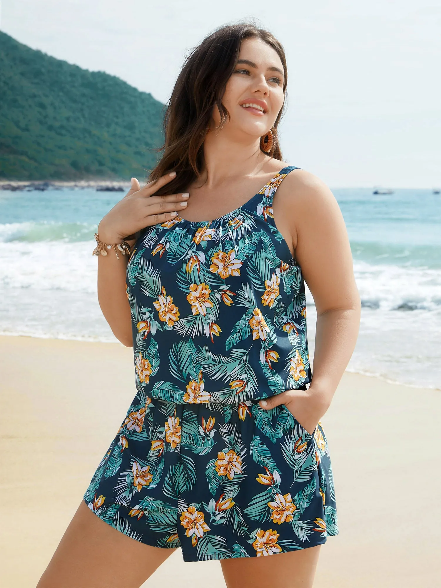 Tropical Flower Print Pockets One-Piece Swimsuit sold by Bloomchic