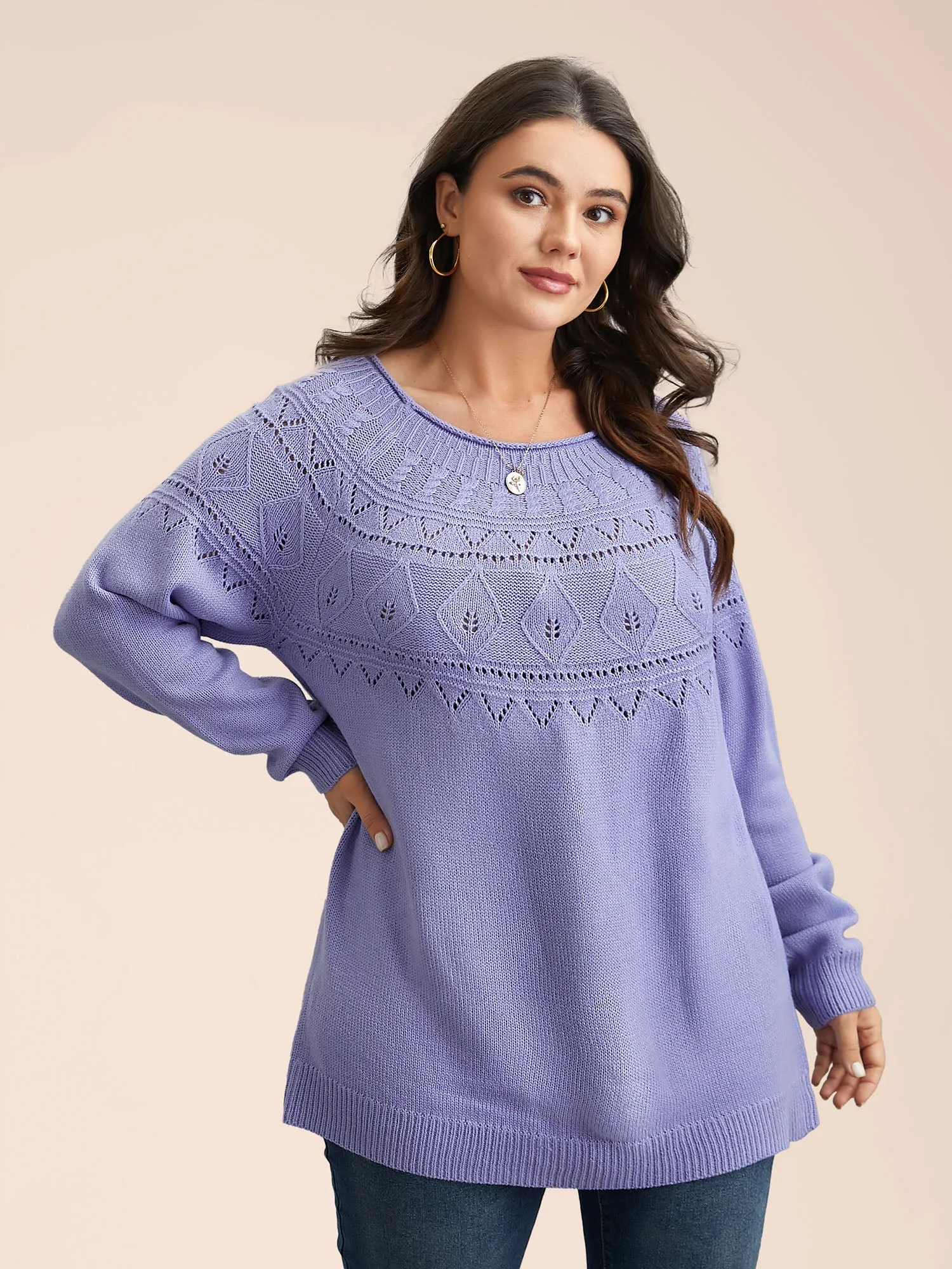 Eyelet Trim Cable Knit Round Neck Pullover sold by Bloomchic