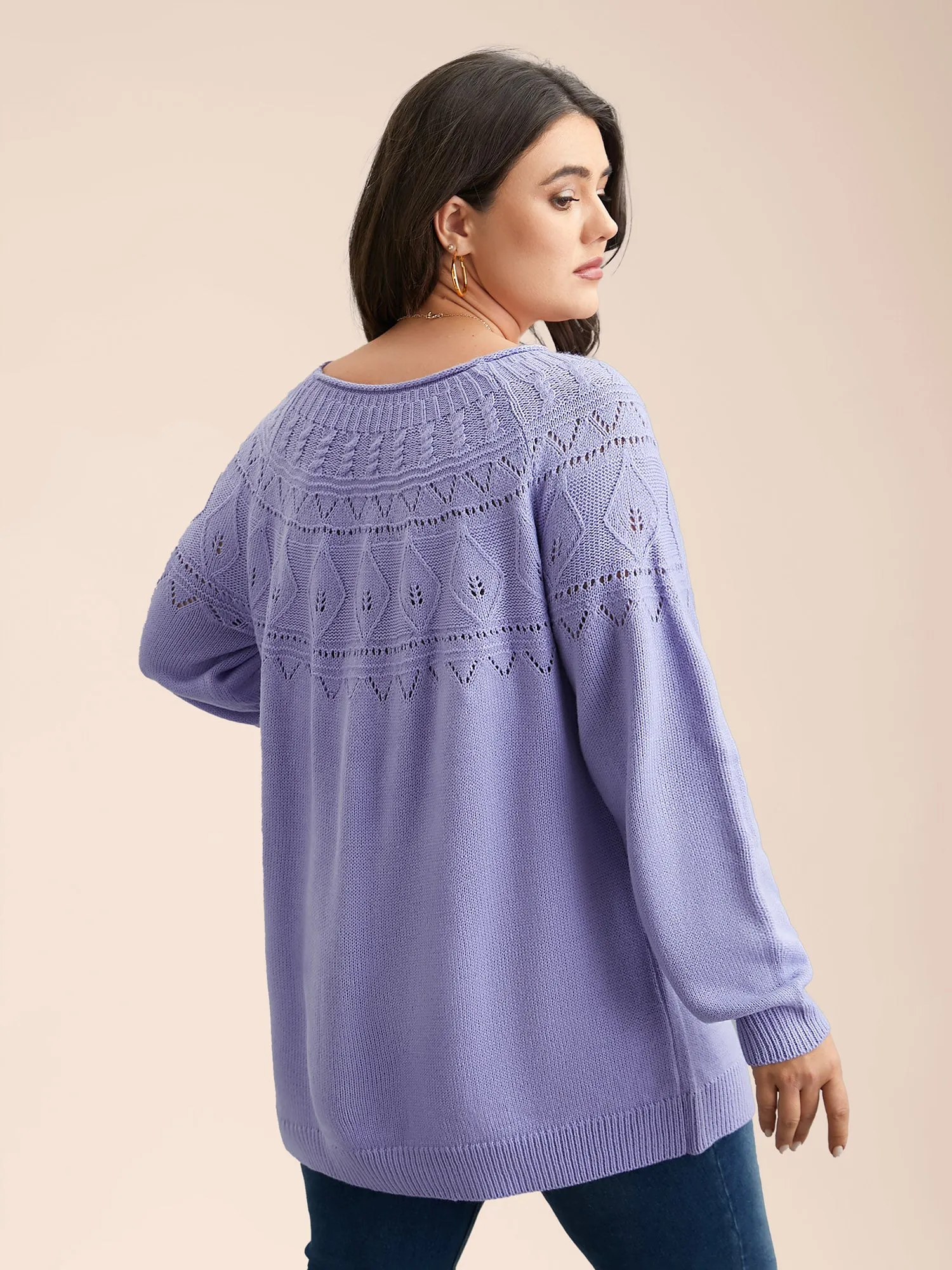 Eyelet Trim Cable Knit Round Neck Pullover sold by Bloomchic product image thumbnail 2